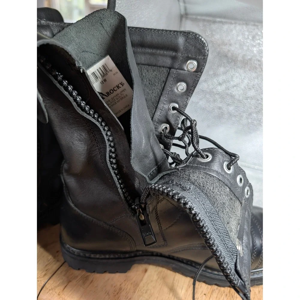 Rocky 2090 Mens Black Leather Paratrooper Side Zip Combat Boots 12 W Wide